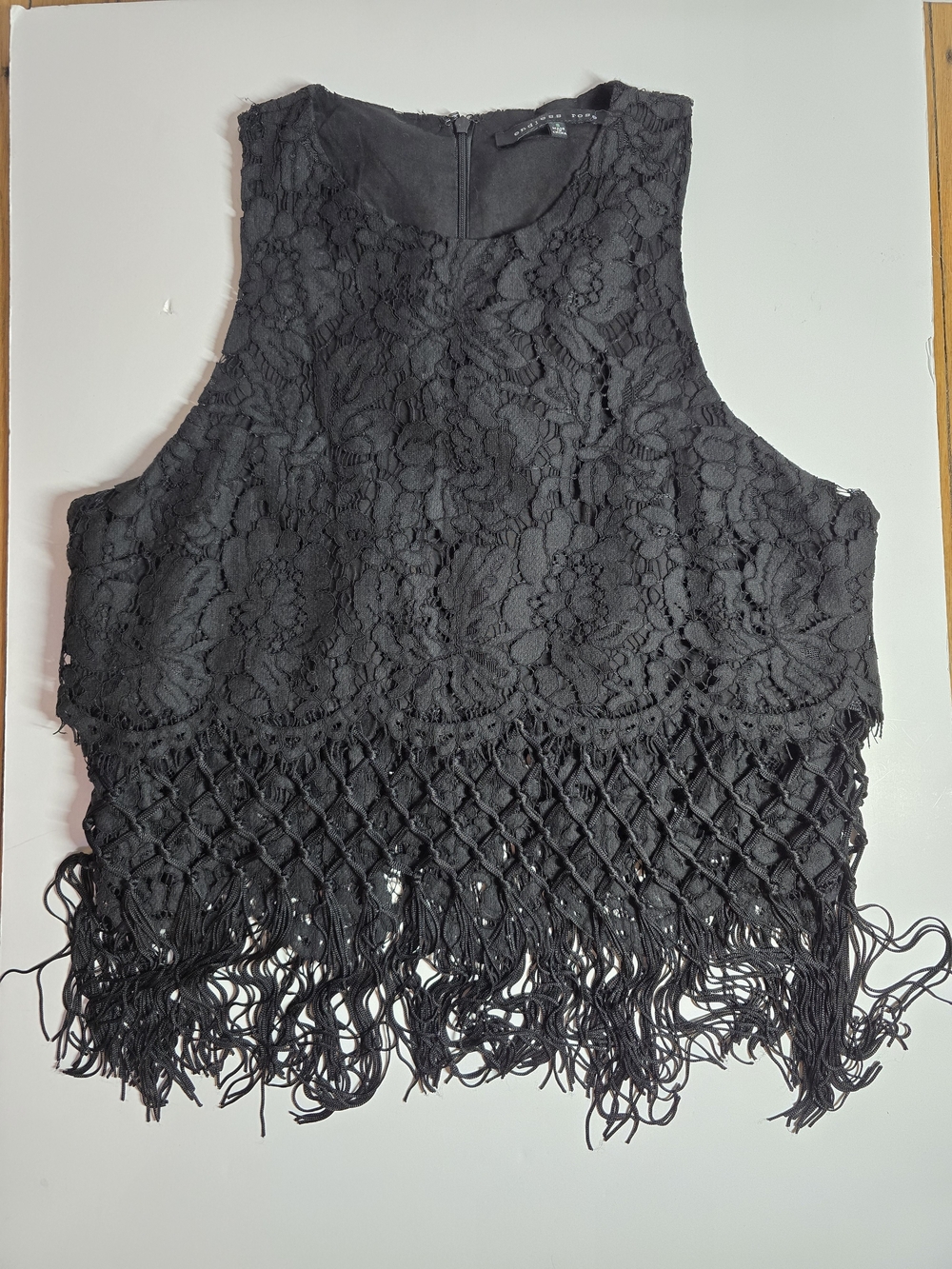 Endless Rose Lace Fringe Sleeveless Crop Top - Black- S